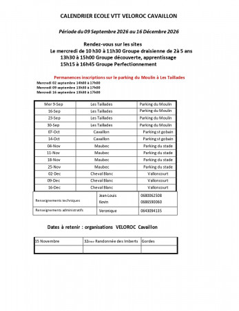 Calendrier école VTT 4ème trimestre 2026