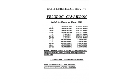 Calendrier 1er trimestre de école vtt