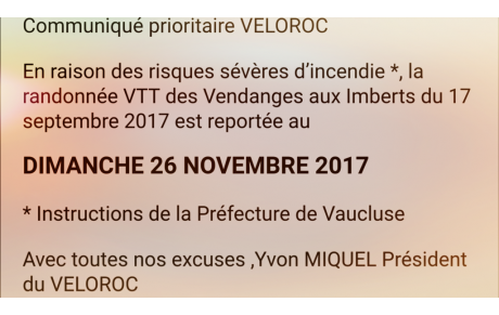 Randonnée VTT des Vendanges reportée au dimanche 26 novembre 2017 