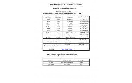 Calendrier école VTT 1er trimestre 2024