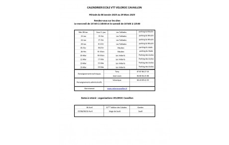 Calendrier école VTT 1er trimestre 2025