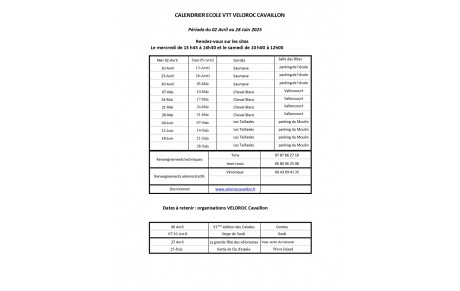 Calendrier école VTT 2ème trimestre 2025